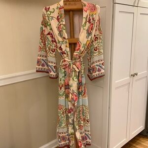 Zara Floral Patterned Long Robe in Cream, Pink, Green, Blue